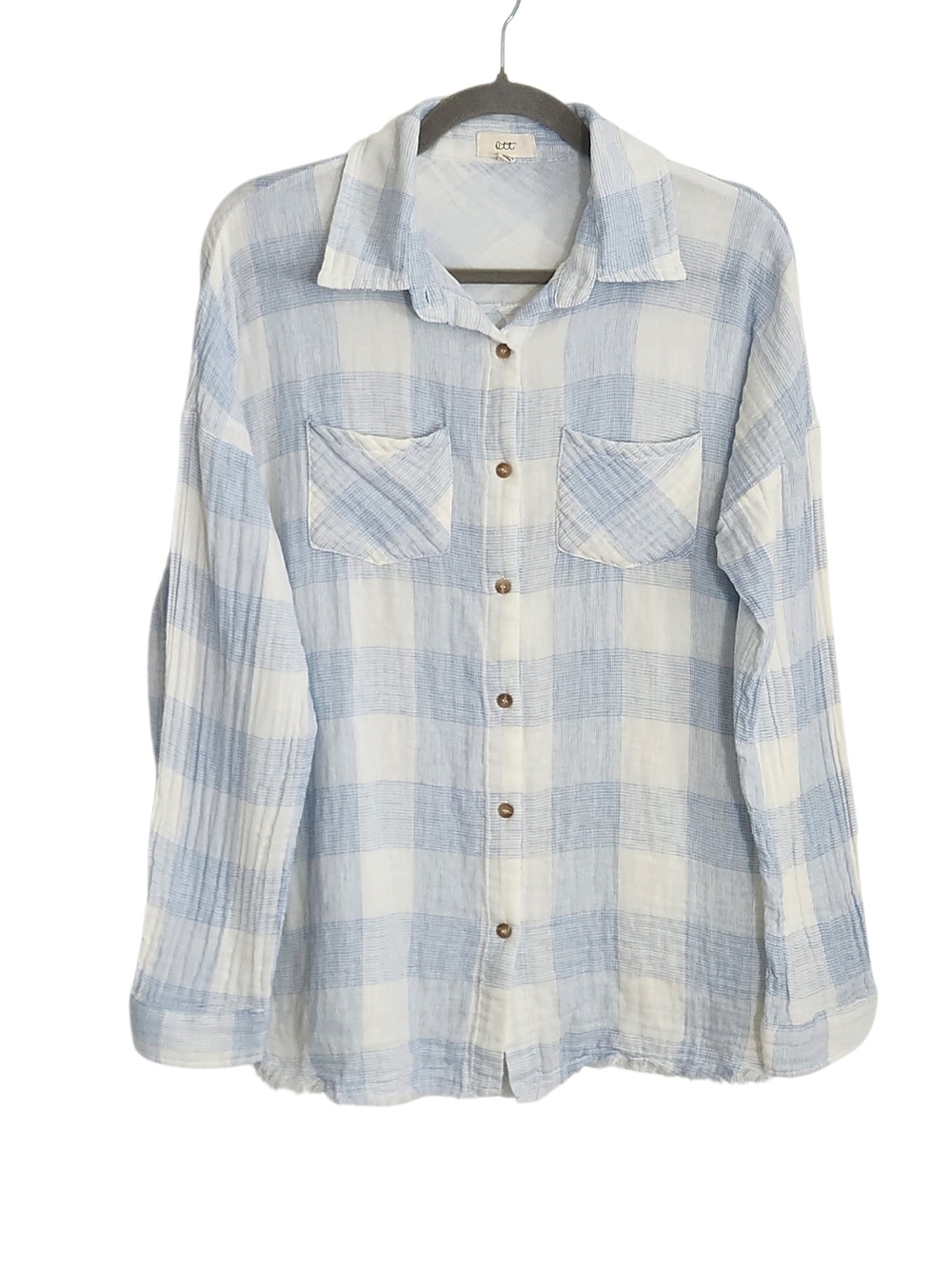 OTT Light Blue and White Check Cotton Gauze Button Down Shirt Size XL